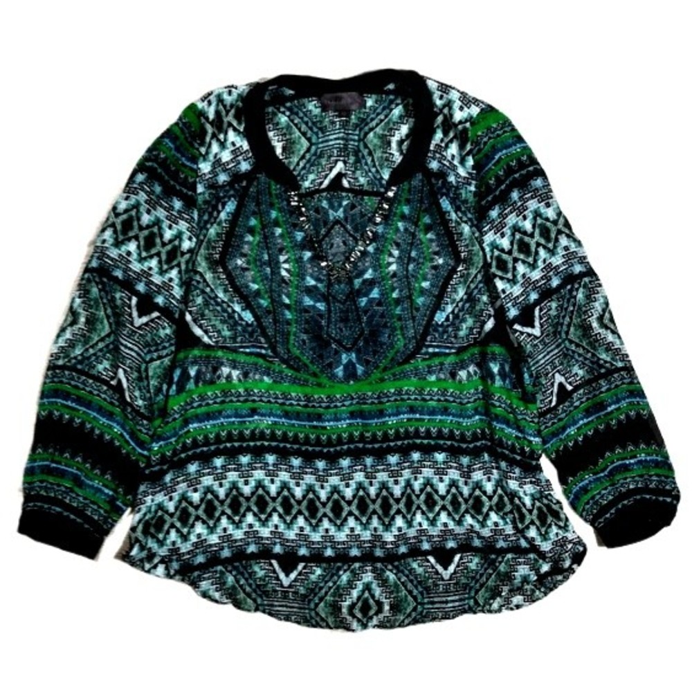 Hale Bob Shirt Womens Medium Silk Boho Aztec Pattern Beaded V-Neck Long Sleeve